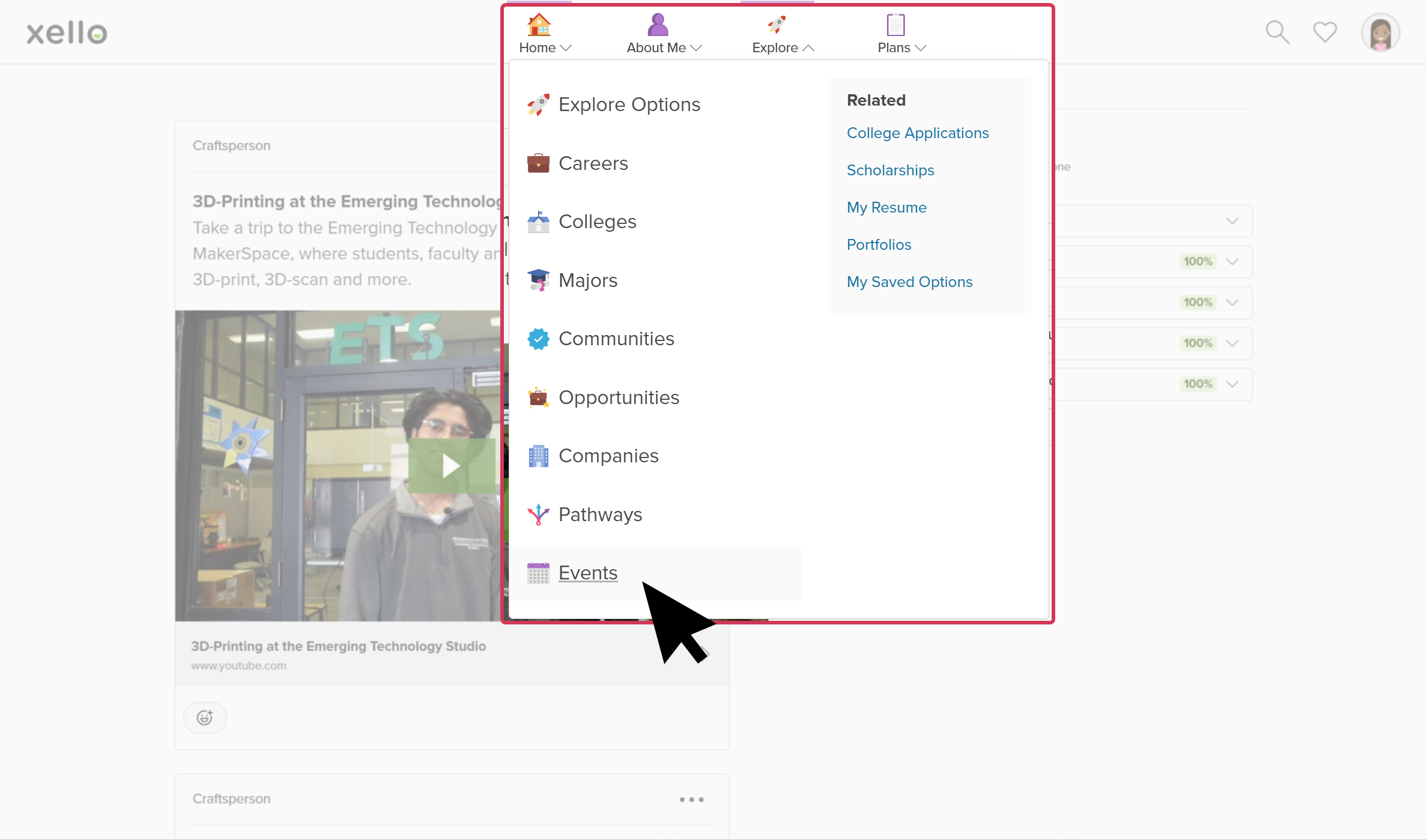 Student account in Xello. The Explore menu is open and the cursor is clicking Events.